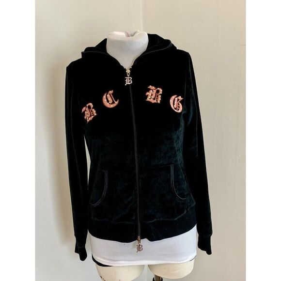 VTG Y2K BCBG MaxAzria Black Velour Rhinestone Track Suit L Hoodie Juicy Heart Lo - Picture 10 of 16